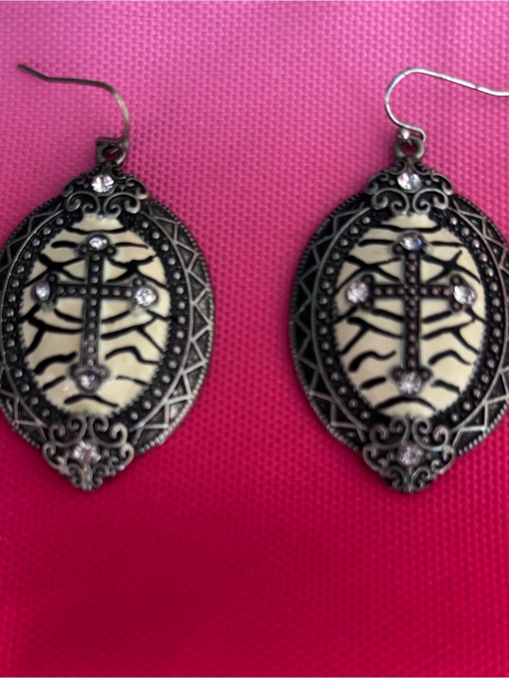 Black and Cream Cross Drop Earrings. Look great with a hat and some boots!!